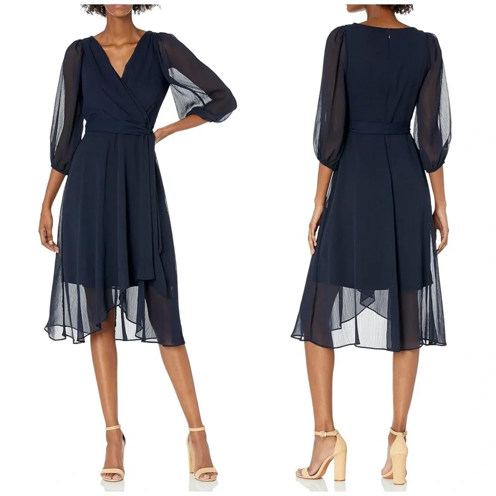 DKNY Chiffon Dress Puff Sleeve Navy Faux Wrap Belted Fit n Flare NWT Size 6 $139 - Picture 1 of 6